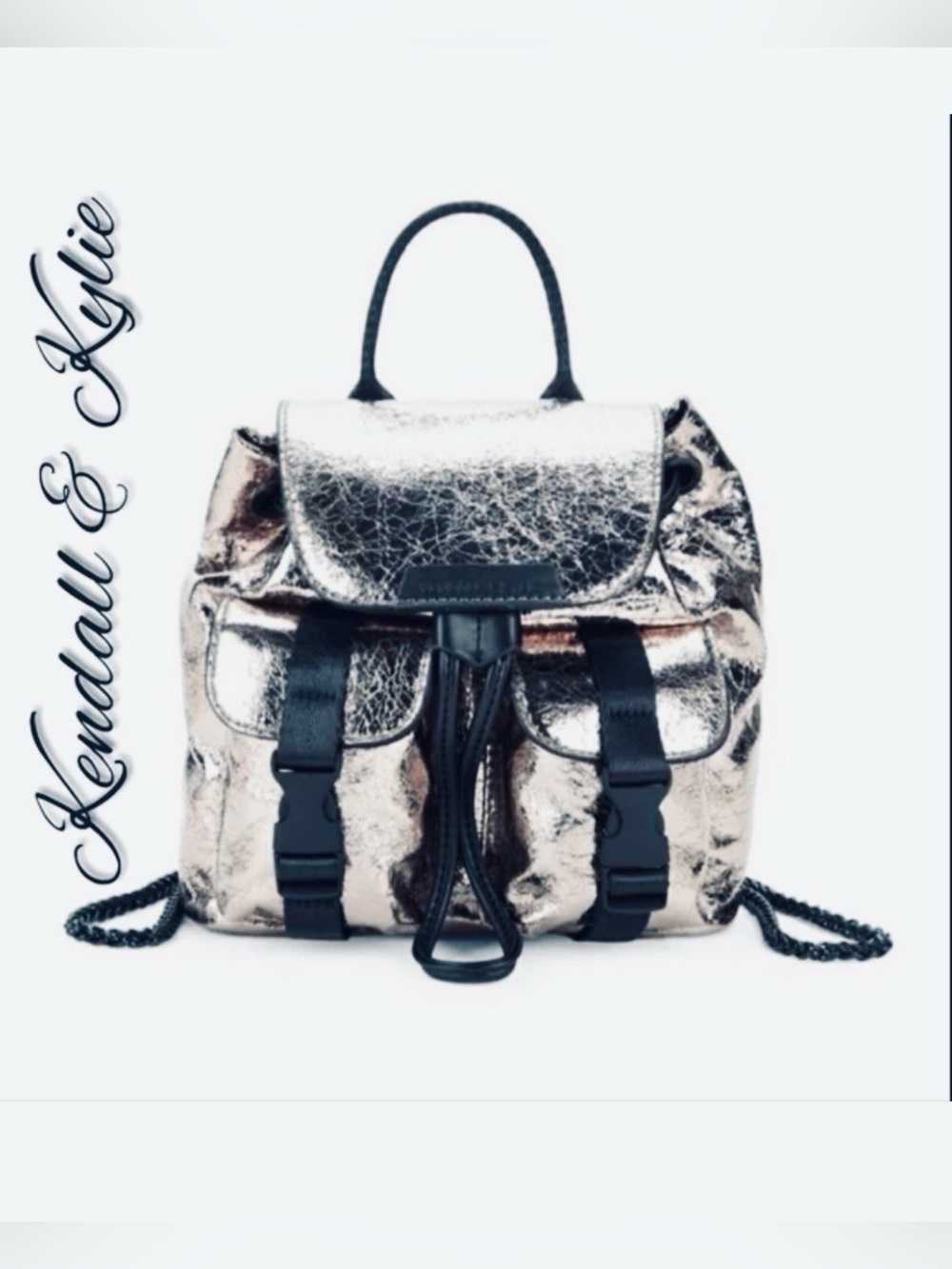 KENDALL+ KYLIE Mini Poppy Foiled Silver Metallic Backpack Bag NWT